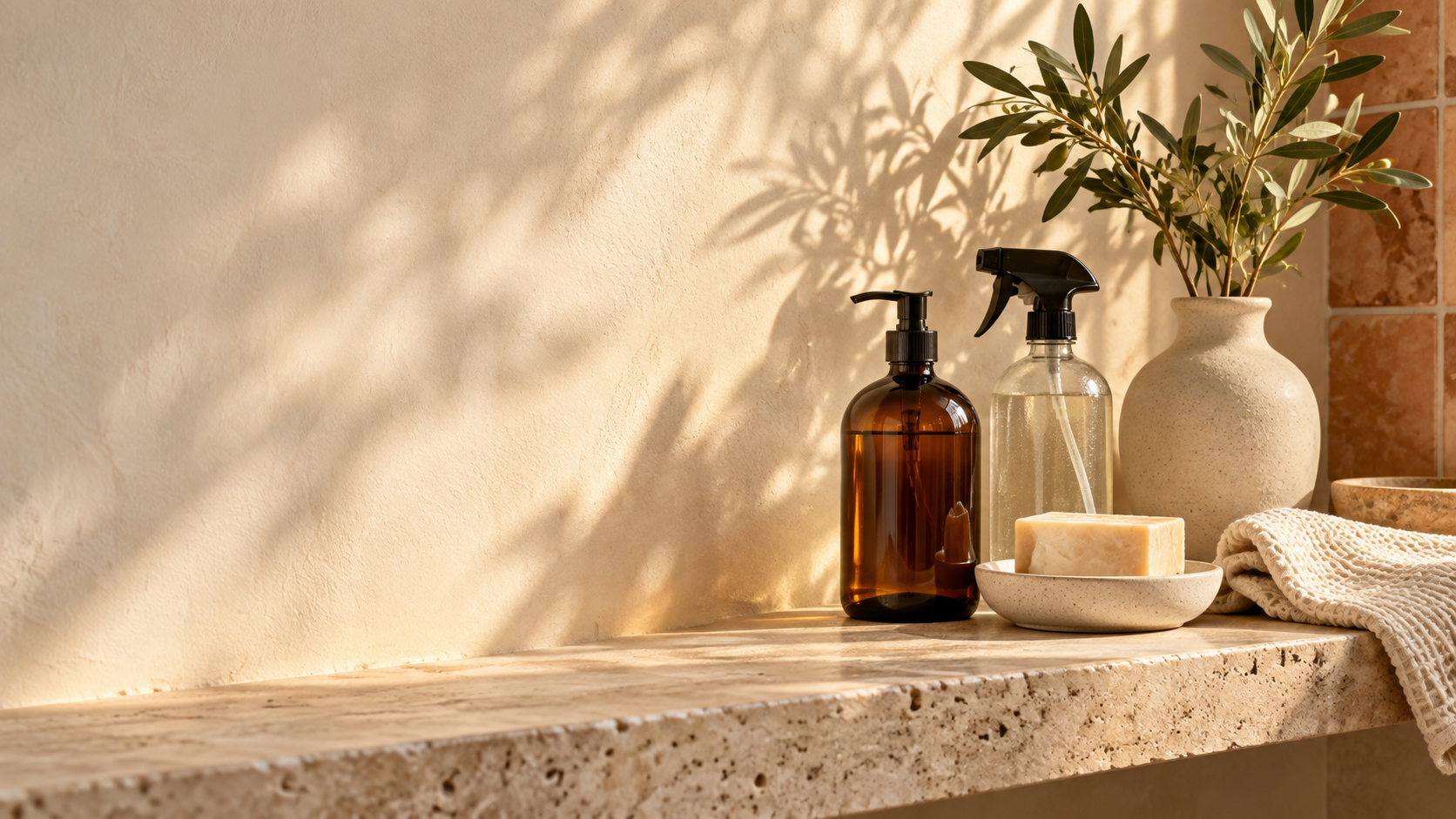 Natural home essentials in warm sunlight